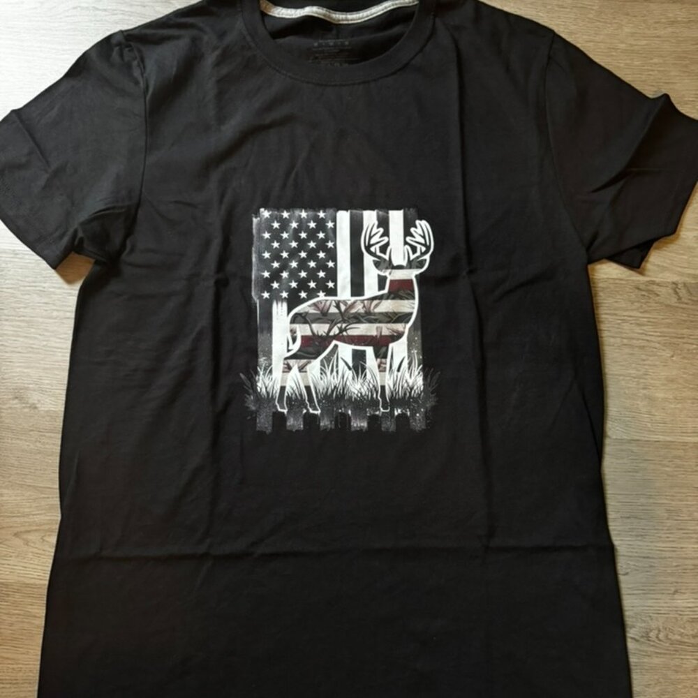 Custom design Deer flag T-shirt made by me,  Russell T-shirt, Black, Med